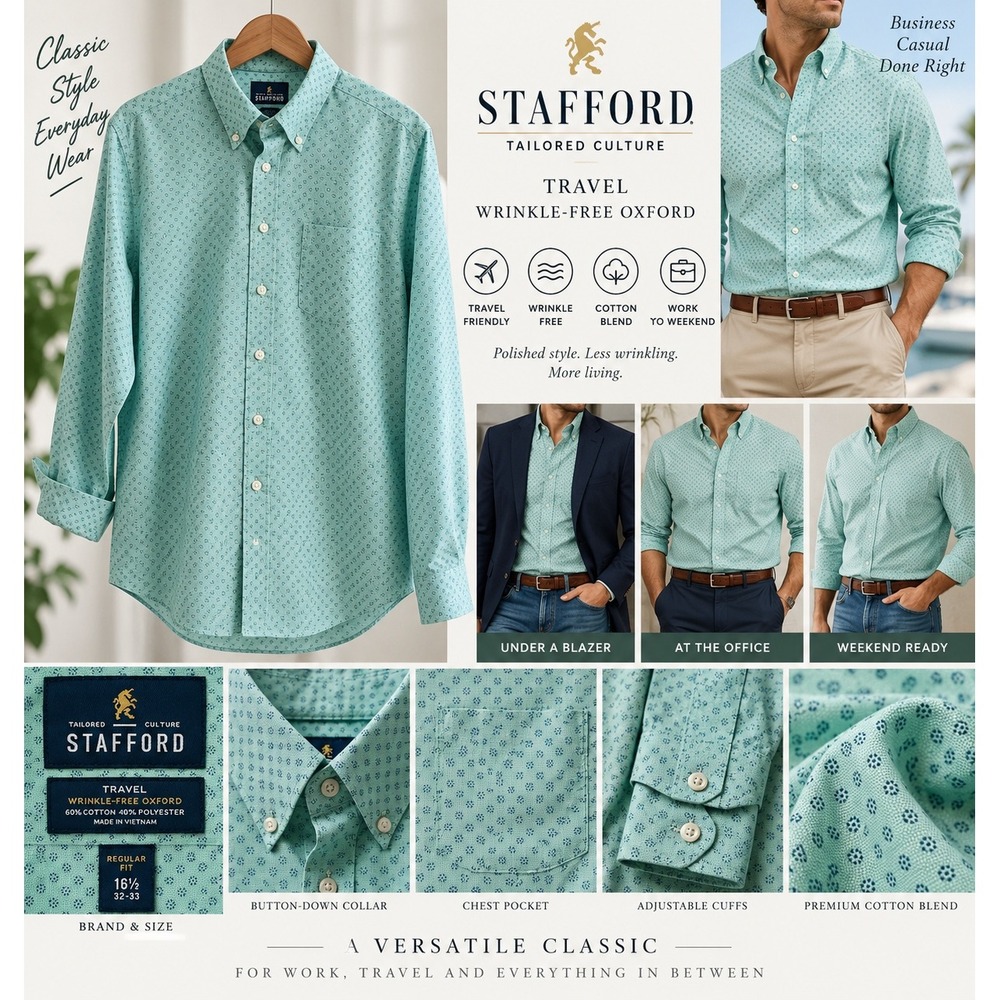 Stafford Mens Dress Shirt 16.5 32-33 Mint Green Blue Print Wrinkle Free Oxford